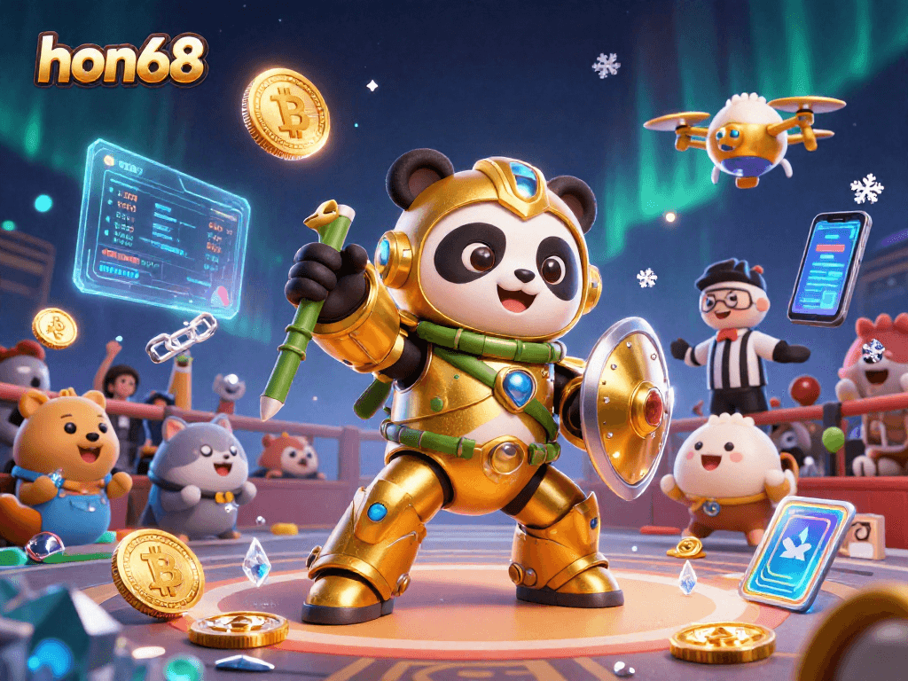 Engage at hon68 with a thrilling panda piloting a robot in a vibrant casino battle scene.