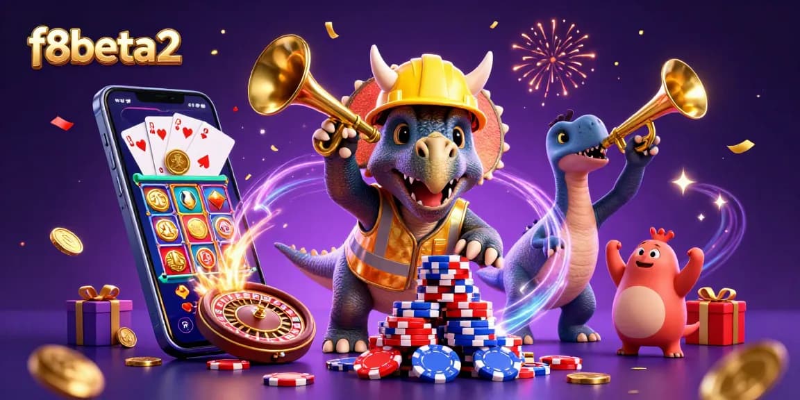 Engage with the vibrant f8beta2 casino scene featuring cartoon characters celebrating gambling with poker chips and festive elements.