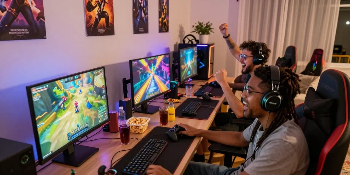 Friends enjoying an exciting session of KO66 online gaming at home with vibrant visuals and snacks.