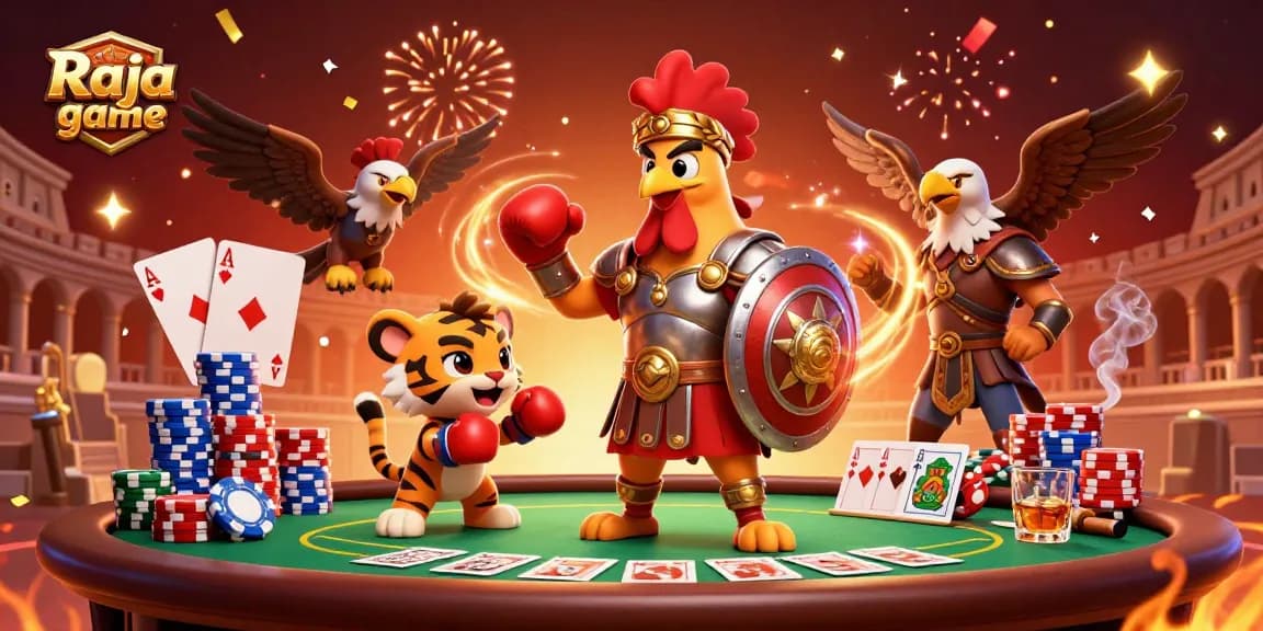 Engage in thrilling Raja game action with 3D gladiator rooster battling in vibrant casino-themed scene.