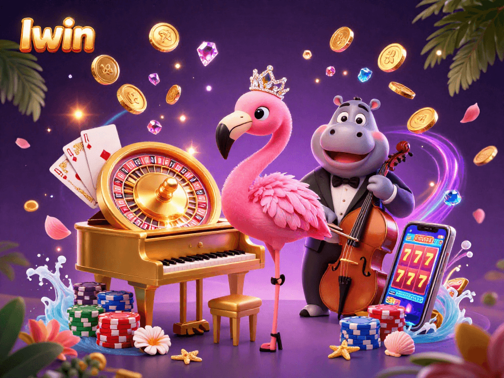 Iwin showcases a vibrant casino scene with spinning roulette and golden chips, bringing excitement to players.