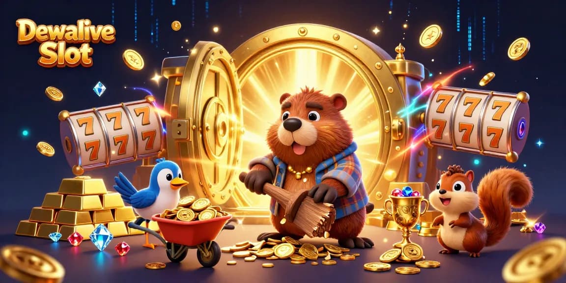 Dewalive Slot scene with energetic characters enjoying a rich jackpot, surrounded by coins and treasures.