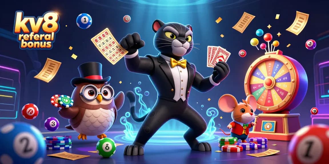 Engage in exciting gameplay with the kv8 referral bonus, featuring charming 3D characters and vibrant casino elements.