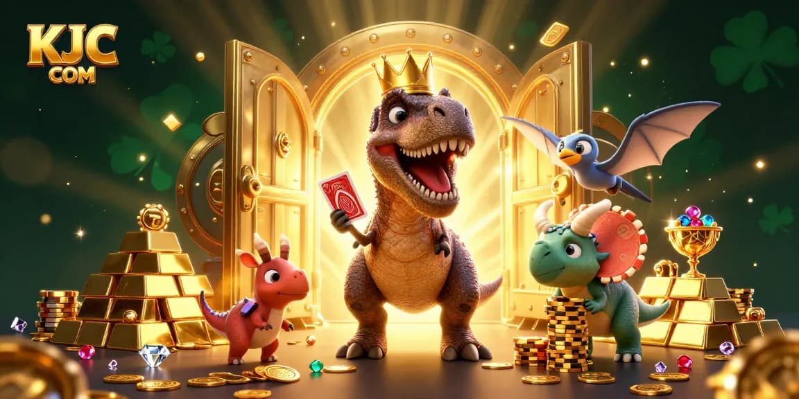 Experience the excitement of KJC COM with a T-Rex dealing cards and a baby triceratops stacking chips in a vibrant casino scene.