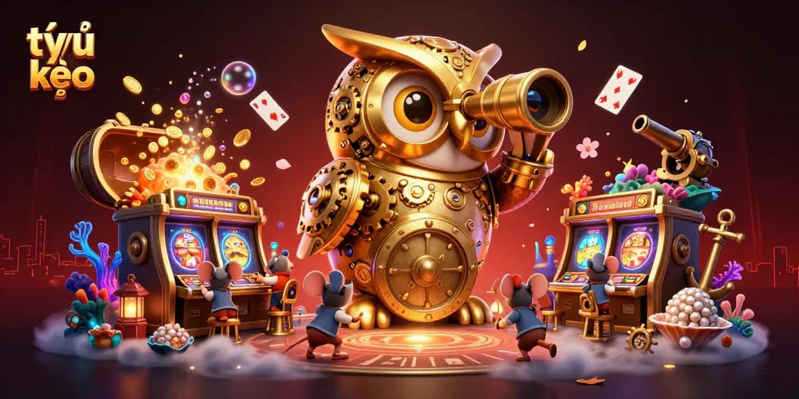Engage in thrilling tỷ lệ kèo betting action with a golden owl and playful mice in an animated casino scene.
