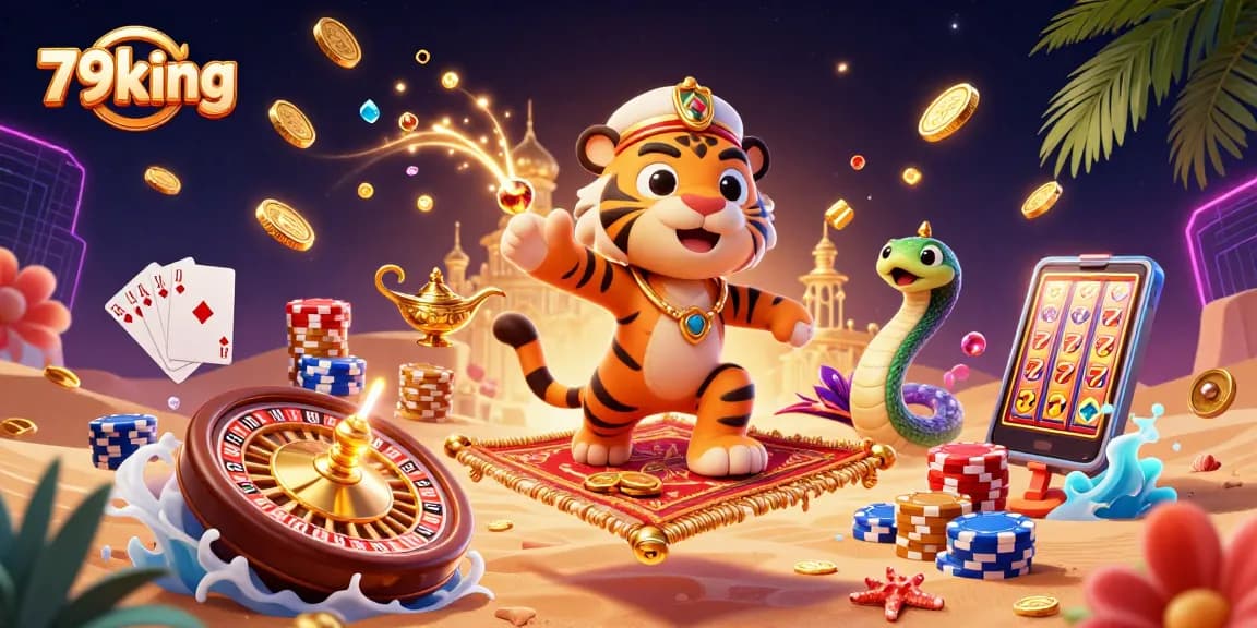 Engage with 79king's exciting world of gambling, featuring a vibrant 3D casino scene.