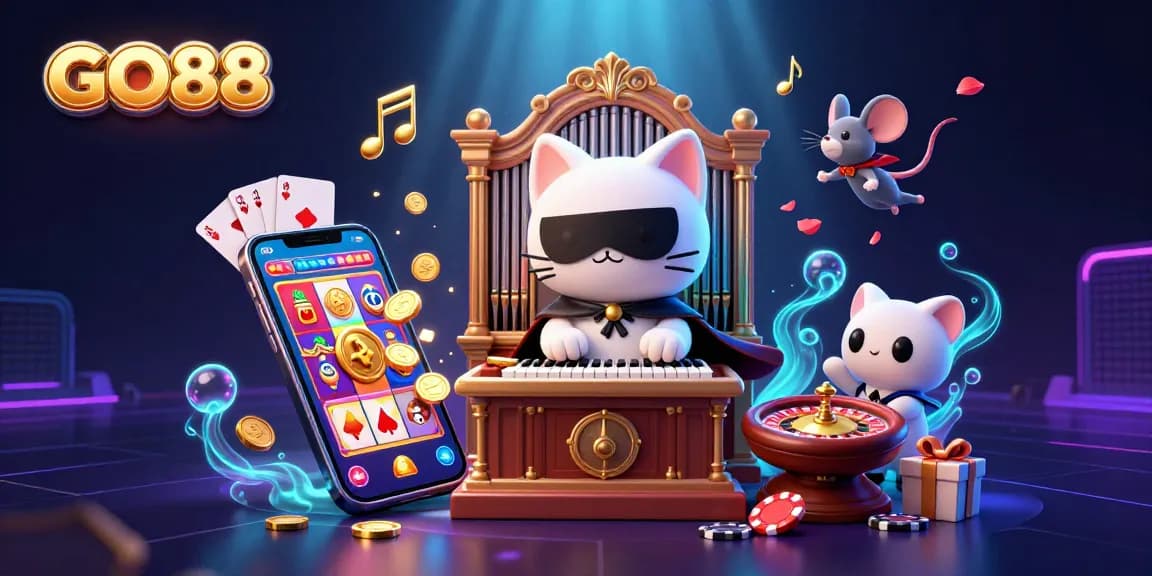 Engage with GO88's vibrant casino experience through a thrilling 3D illustration depicting games and characters.