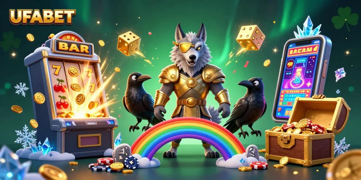 Playing thrilling slots at UFABET with vibrant characters, gold coins, and jackpot wins.