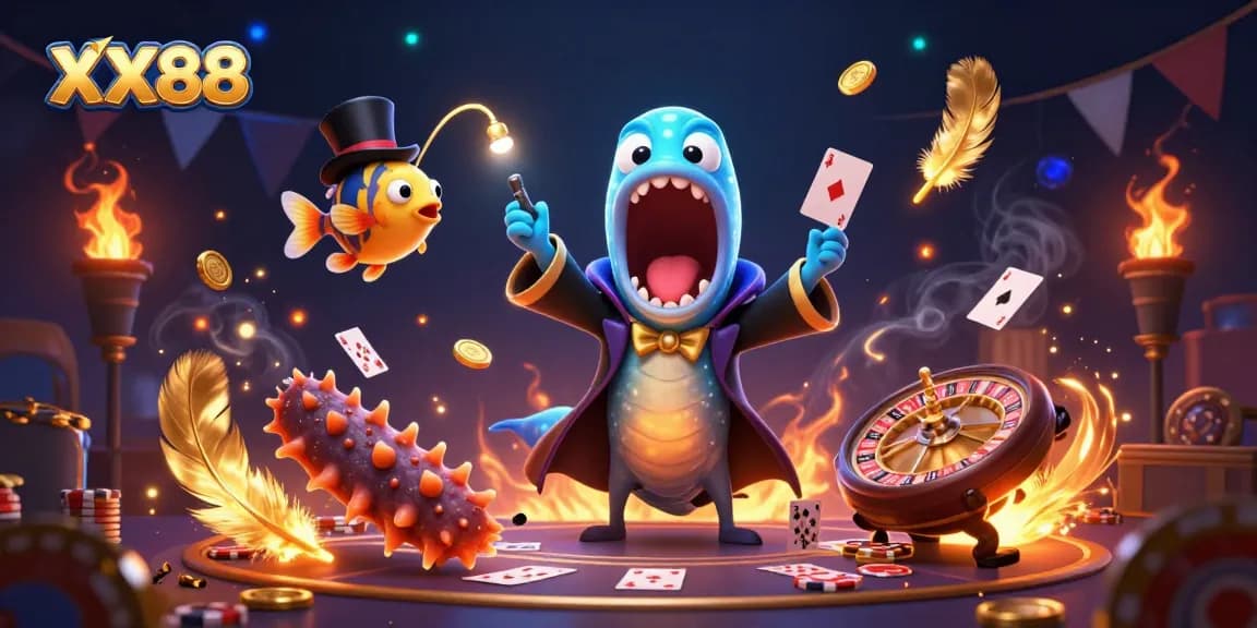 Experience exciting breaks with XX88's vibrant 3D illustration featuring deep-sea characters in a magical casino scene.