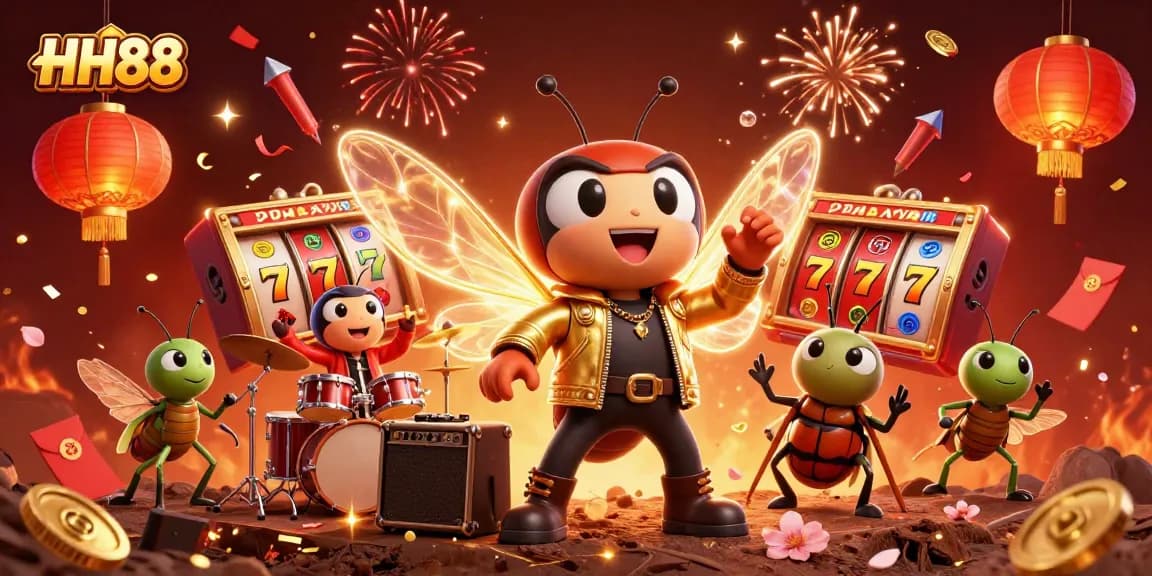 Experience thrilling gameplay at HH88 with vibrant slot reels, festive elements, and energetic characters.