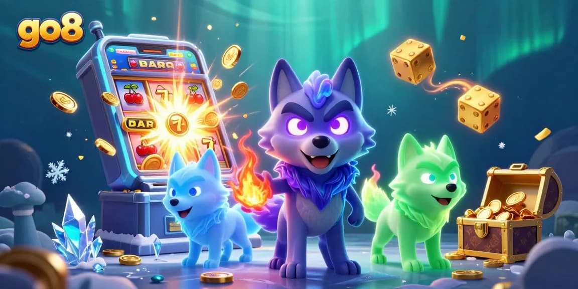 Engage with go8's vibrant slot games featuring a mystical wolf pack amidst a jackpot explosion.