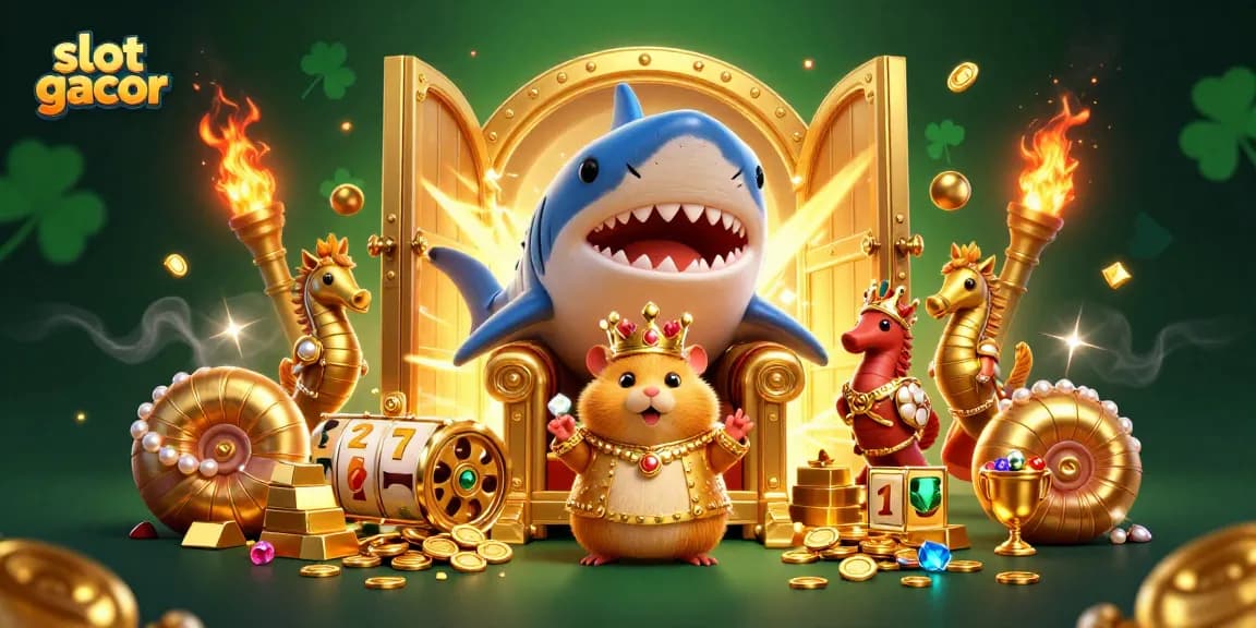 Slot gacor mengantarkan raja hamster emas ke dalam harta karun, dikelilingi oleh elemen kasino yang menggoda.