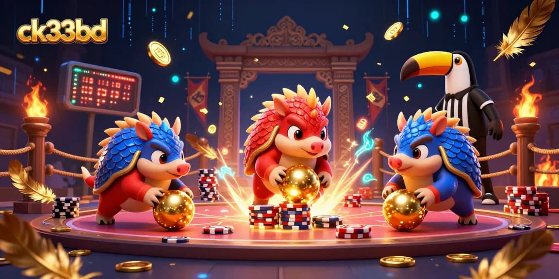 Experience high-flying action with ck33bd as rival pangolins compete amidst golden poker chips and vibrant effects.
