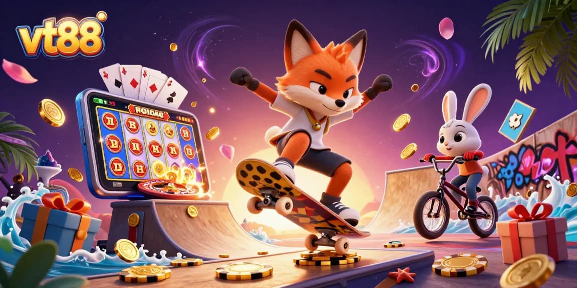 vt88 showcases thrilling 3D cartoon characters at a vibrant casino setting, featuring a fox and rabbit.