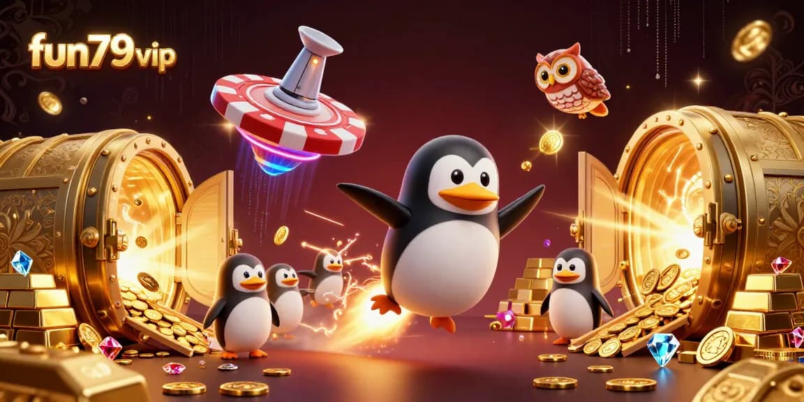 Experience fun79vip with a golden penguin and jackpots in a dynamic casino space setting.