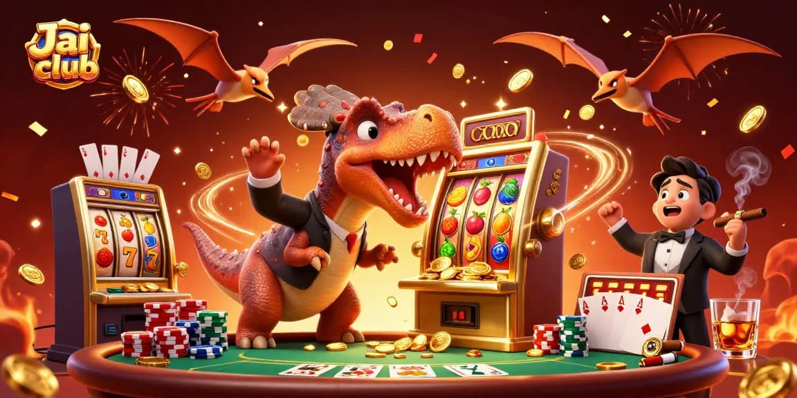 Jai club showcases a pachycephalosaurus hitting a slot machine for jackpot coins amidst chaotic casino action.
