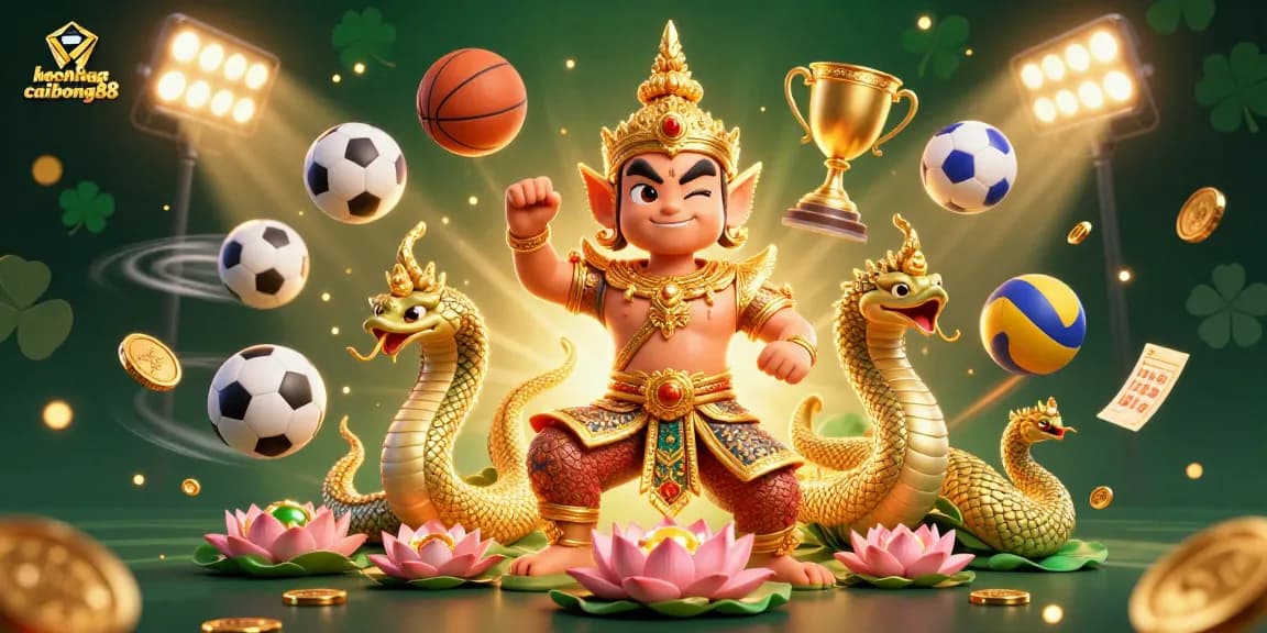 Experience thrilling sports betting action with keonhacaibong88's vibrant illustration featuring temple guardian and dynamic game elements.