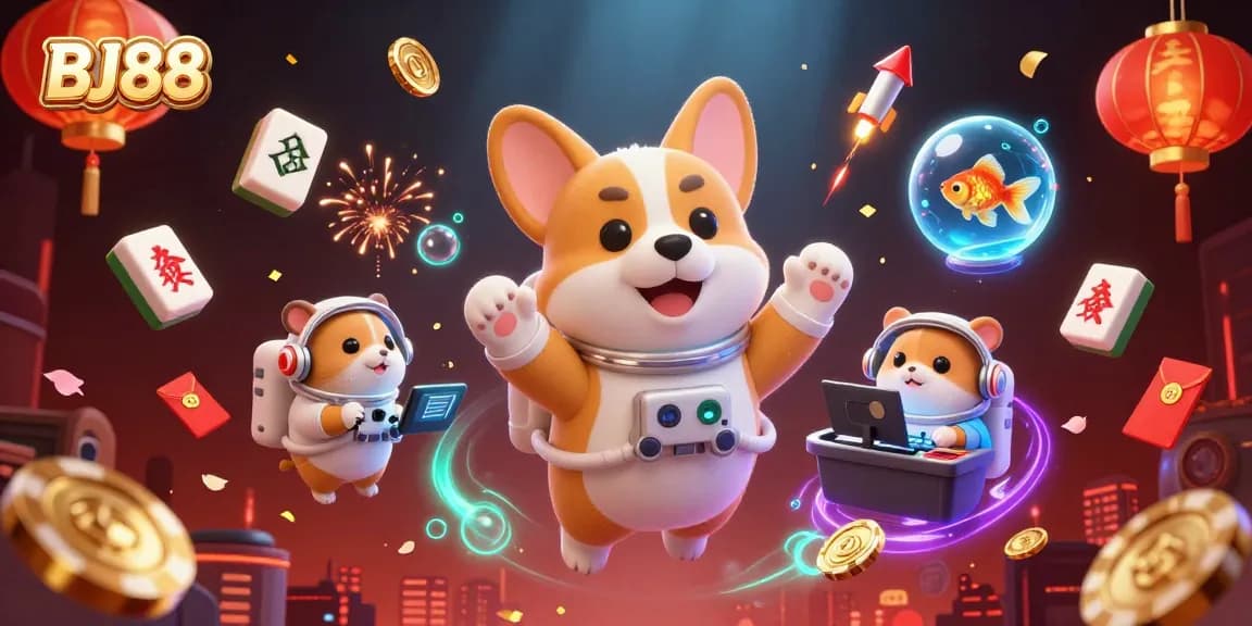 Experience thrilling gameplay at BJ88 with astronauts, casino elements, and colorful decor.