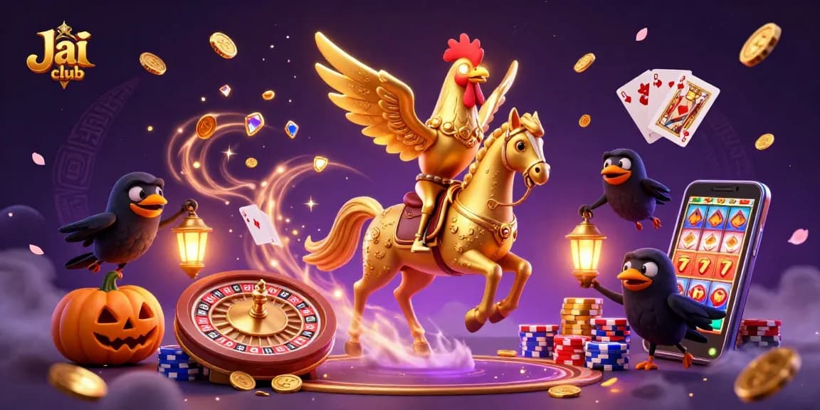 Engage with Jai club's thrilling casino games in this vibrant illustration of a golden rooster riding through a mystical gaming environment.