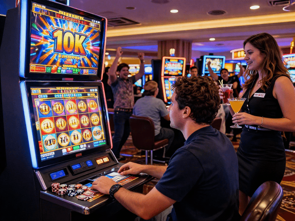 Engaged player at slot 10k machine in vibrant casino atmosphere.