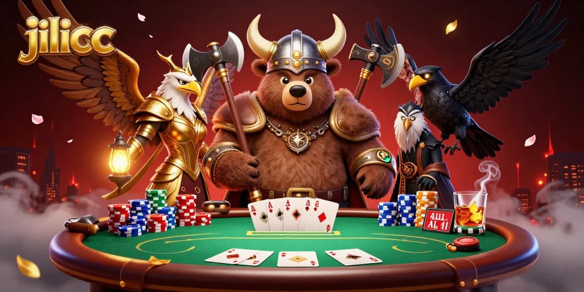 Experience thrilling poker action with jilicc's Viking and Valkyrie characters amidst a vibrant casino scene.