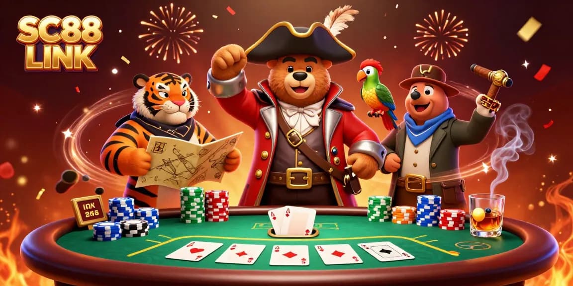 Experience excitement at SC88 LINK with a pirate bear and tiger at a vibrant poker table.