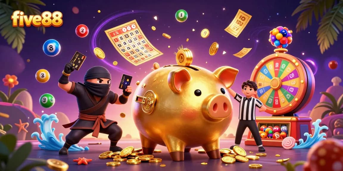 Engage with five88's vibrant casino scene featuring animated characters and dynamic lottery elements.