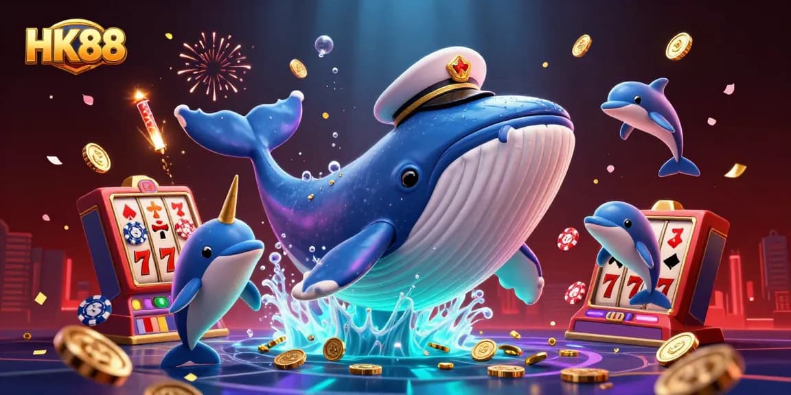 Experience HK88 with this vibrant casino scene showcasing whales, poker chips, and golden coins.