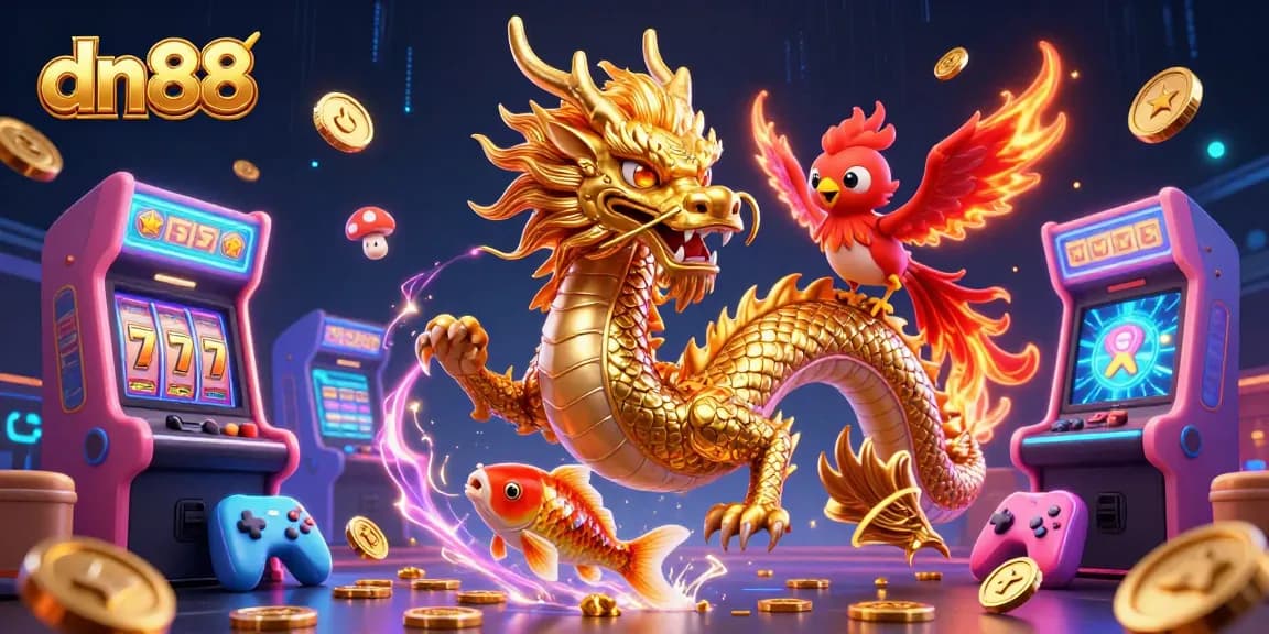 Experience the excitement of dn88 with dynamic gaming elements and vibrant illustrations in a stunning 3D scene.