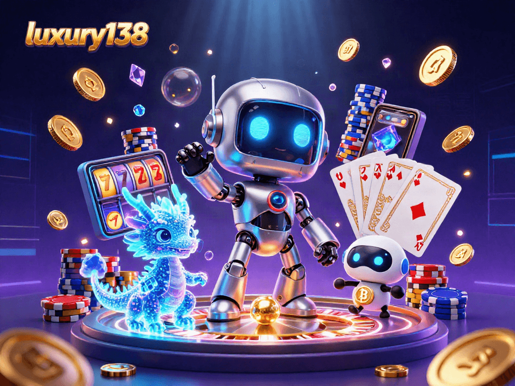 Gambarkan aksi meja poker yang memikat dengan luxury138, menampilkan robot cyberpunk dengan tubuh krom.