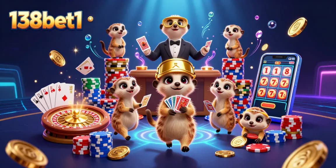 Engage in fun gambling with 138bet1's dynamic 3D meerkats running a casino operation.