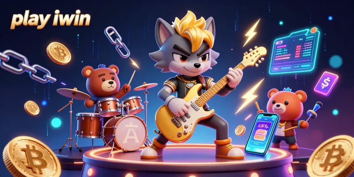 Play iwin with 3D cartoon characters in a vibrant casino scene, showcasing gaming excitement and crypto elements.
