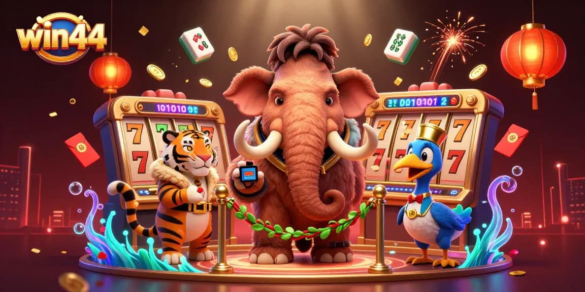 win44 casino scene with a mammoth bouncer, slot reels, and vibrant decorations