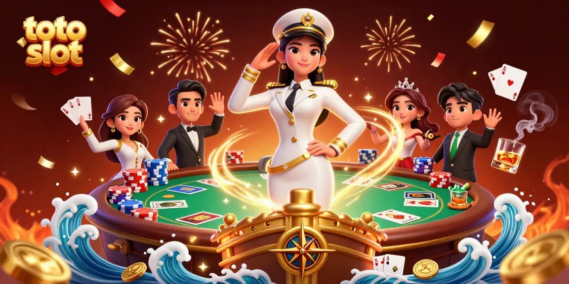 Experience the excitement of toto slot with a dynamic casino scene of a commanding dealer amid vibrant game elements.