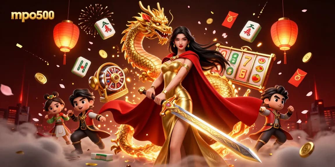 Play thrilling games at mpo500 with a captivating Asian warrior queen illustration amidst vibrant gambling symbols.