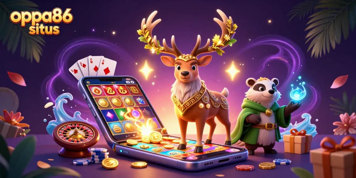 Bettors explore oppa86 situs with vibrant slot games and engaging casino characters in an enchanting scene.