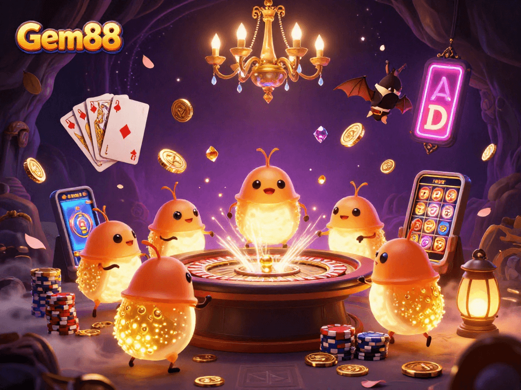 Experience Gem88's thrilling casino atmosphere with glowworms illuminating games and golden treasures.