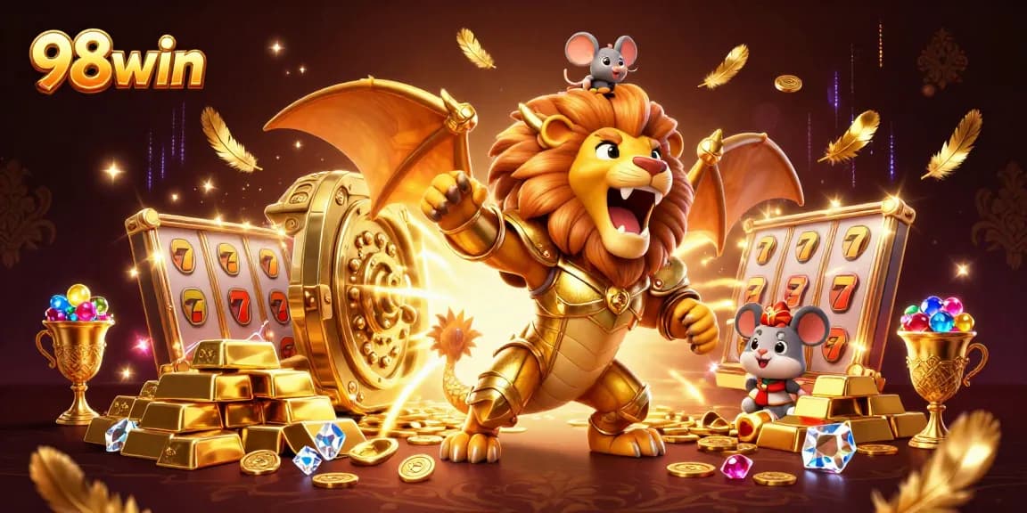 Win big with 98win as a chimera and mouse jockey game in an ultra-detailed 3D illustration.