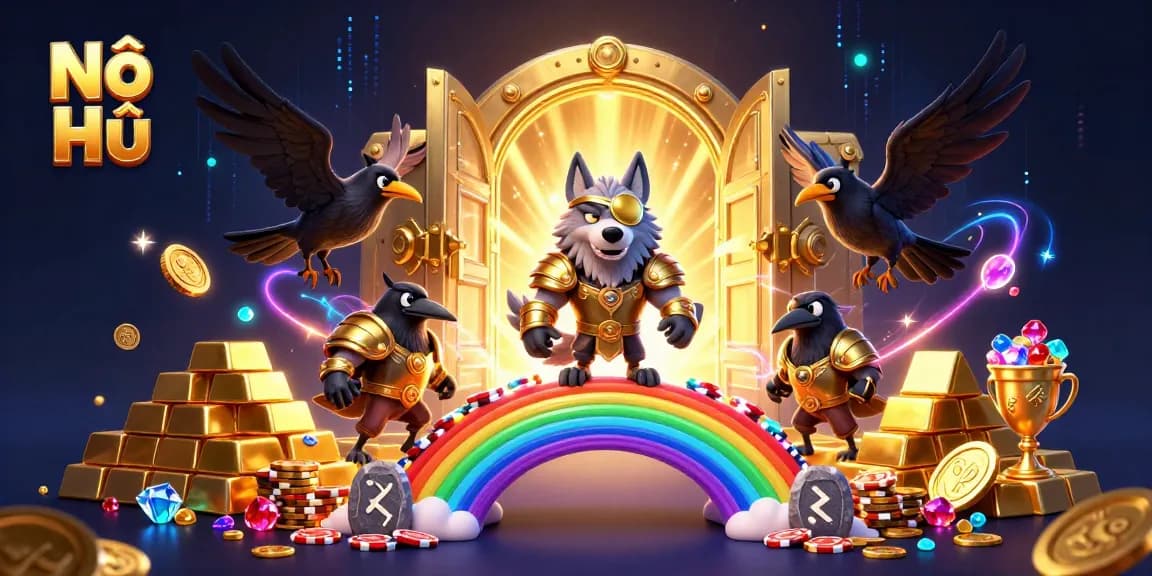 Experience Nổ Hũ excitement with Odin and ravens beside jackpot treasures in a dazzling scene.