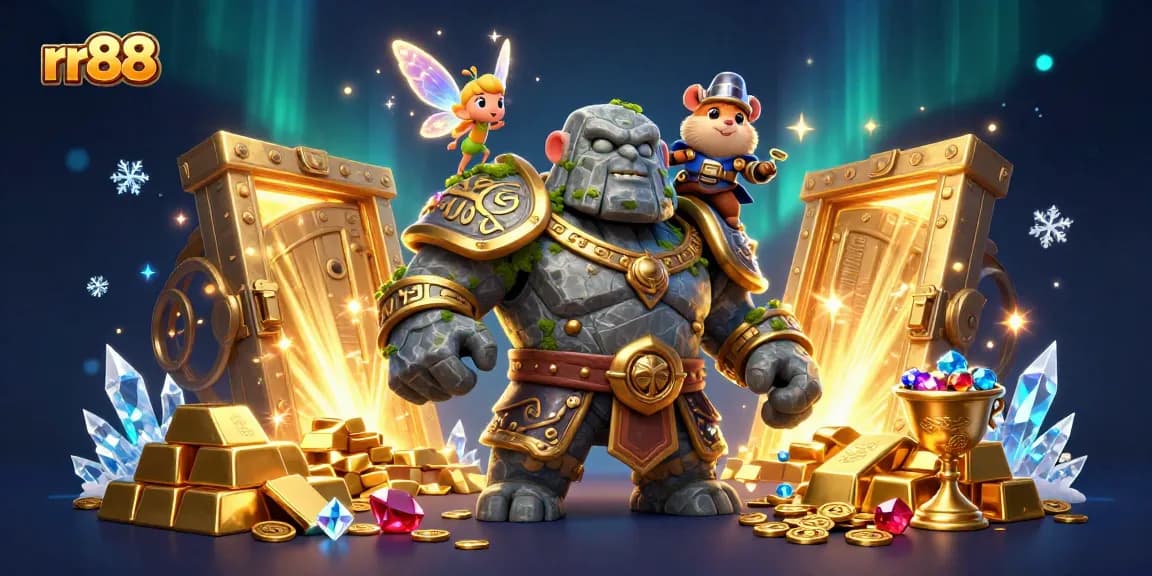 Engage with rr88's vibrant casino fantasy scene featuring a stone golem, fairy, and hamster knight amidst treasures.