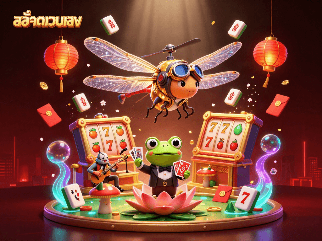 Engage with สล็อตเว็บตรง games where a dragonfly pilot oversees a frog dealer in a vibrant casino scene.