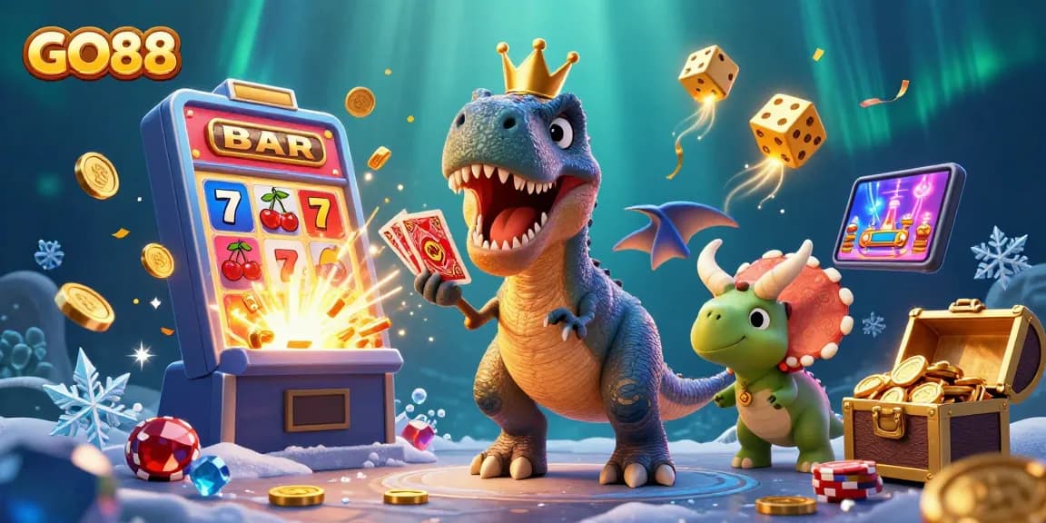 Experience the excitement of GO88 gaming with a 3D cartoon dinosaur scene featuring jackpots and casino fun.
