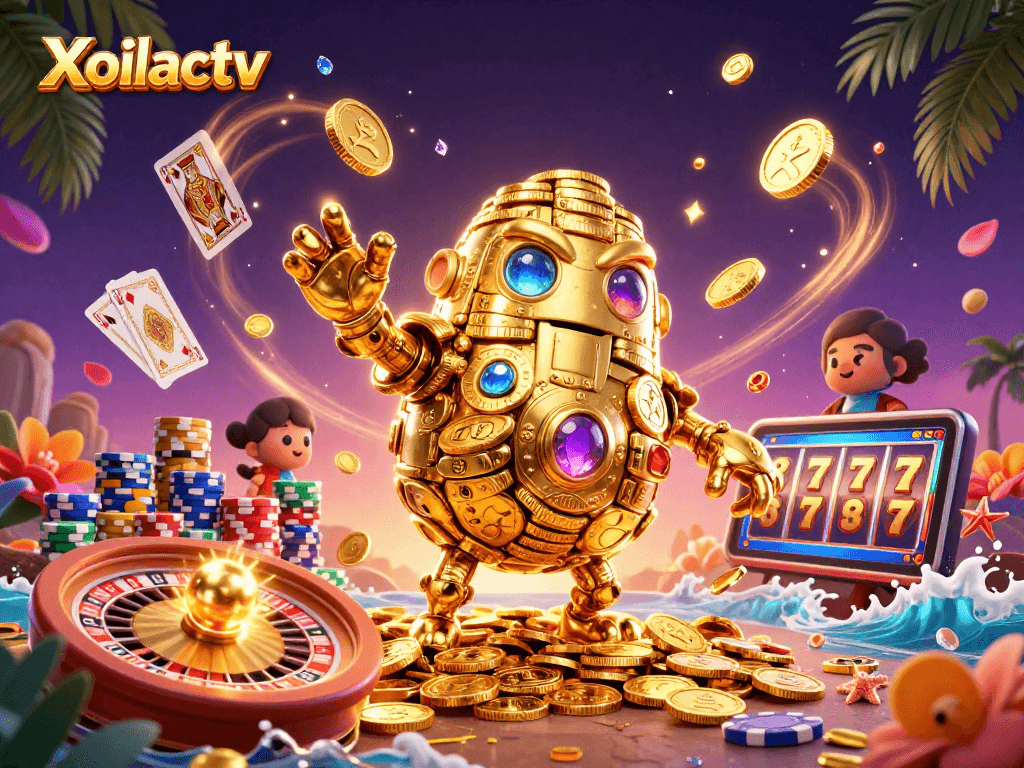 Xoilactv showcases thrilling casino action with a golden golem and dynamic gaming elements.
