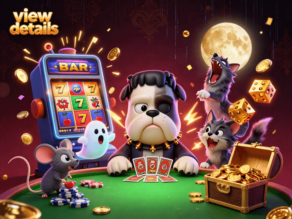 View details of a lively casino scene featuring a Frankenstein bulldog and werewolf kitten amidst 3D game elements.