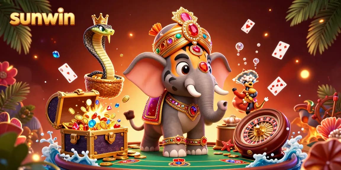 Engage in thrilling games at sunwin with a vibrant illustration of a maharaja, elephant, and cobra amidst casino elements.