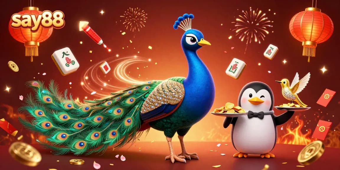 Experience excitement at say88 with a vibrant 3D illustration of a colorful peacock and gaming elements.