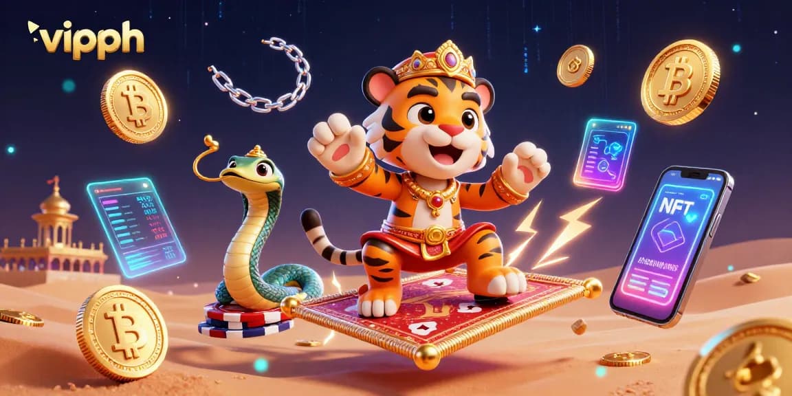 Experience thrilling gameplay at VIPPH with a vibrant illustration of a tiger sultan, crypto elements, and dynamic casino themes.