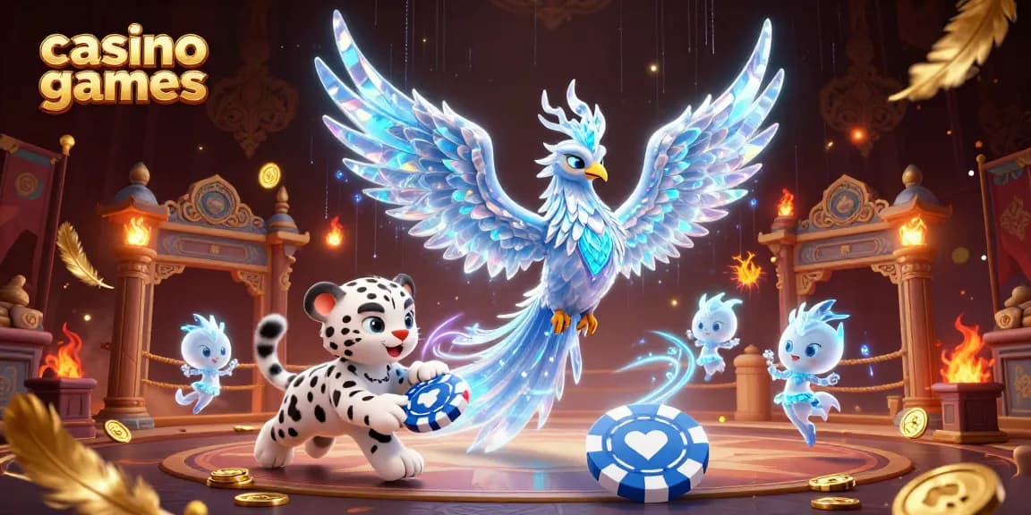 Experience thrilling casino games with a captivating scene of ice phoenix, snow leopard, and sprites.