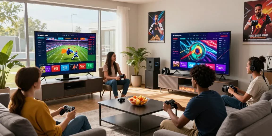 Engaging friends enjoying lotus365 online gaming experience with vibrant visuals and modern setting.