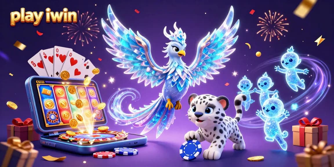 Play iwin with colorful slot games, poker chips, and festive ice characters in dazzling illustration